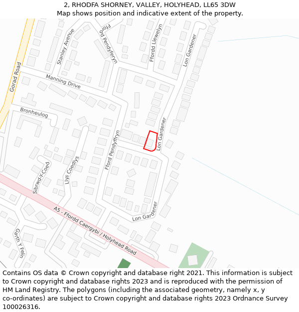 2, RHODFA SHORNEY, VALLEY, HOLYHEAD, LL65 3DW: Location map and indicative extent of plot