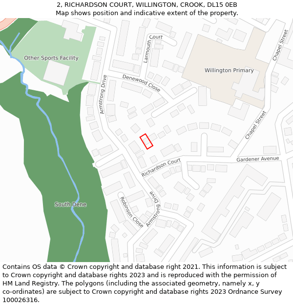 2, RICHARDSON COURT, WILLINGTON, CROOK, DL15 0EB: Location map and indicative extent of plot