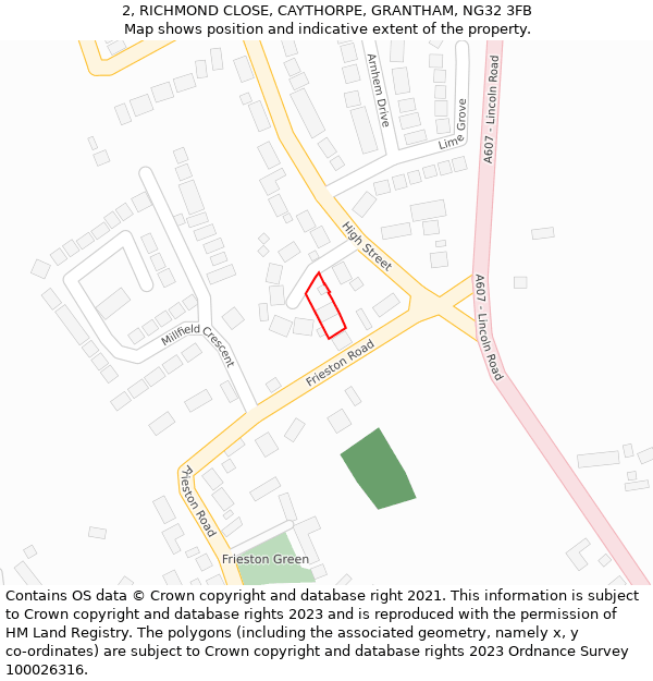 2, RICHMOND CLOSE, CAYTHORPE, GRANTHAM, NG32 3FB: Location map and indicative extent of plot