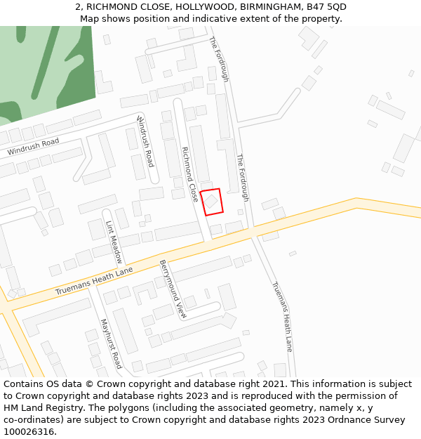 2, RICHMOND CLOSE, HOLLYWOOD, BIRMINGHAM, B47 5QD: Location map and indicative extent of plot