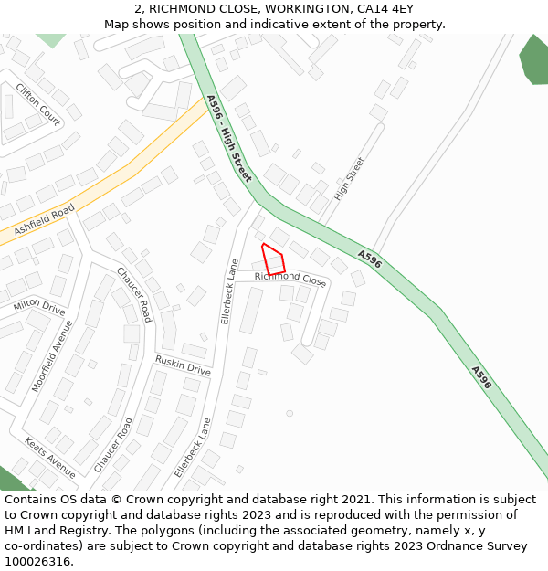 2, RICHMOND CLOSE, WORKINGTON, CA14 4EY: Location map and indicative extent of plot