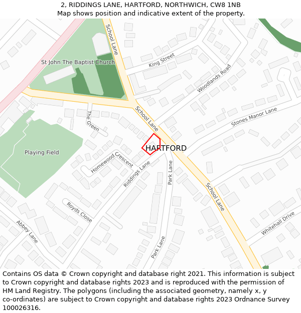 2, RIDDINGS LANE, HARTFORD, NORTHWICH, CW8 1NB: Location map and indicative extent of plot