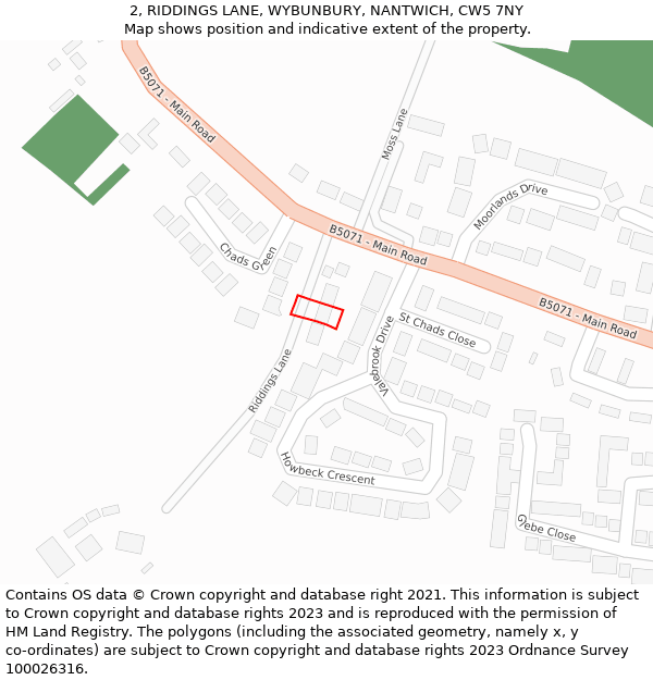 2, RIDDINGS LANE, WYBUNBURY, NANTWICH, CW5 7NY: Location map and indicative extent of plot