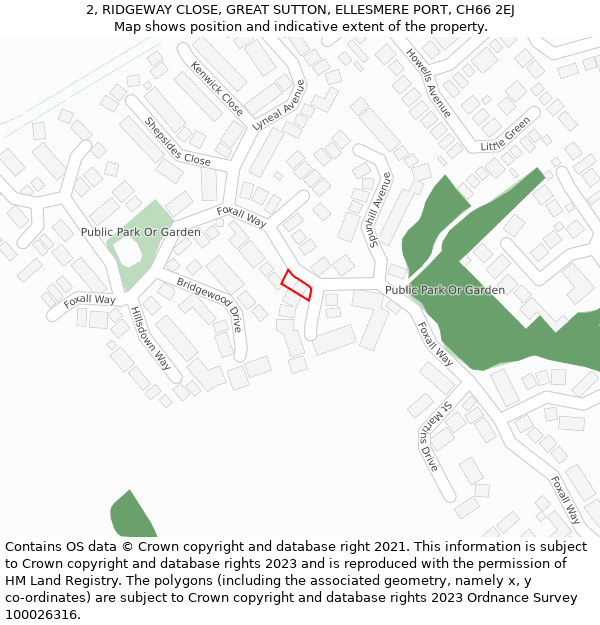 2, RIDGEWAY CLOSE, GREAT SUTTON, ELLESMERE PORT, CH66 2EJ: Location map and indicative extent of plot