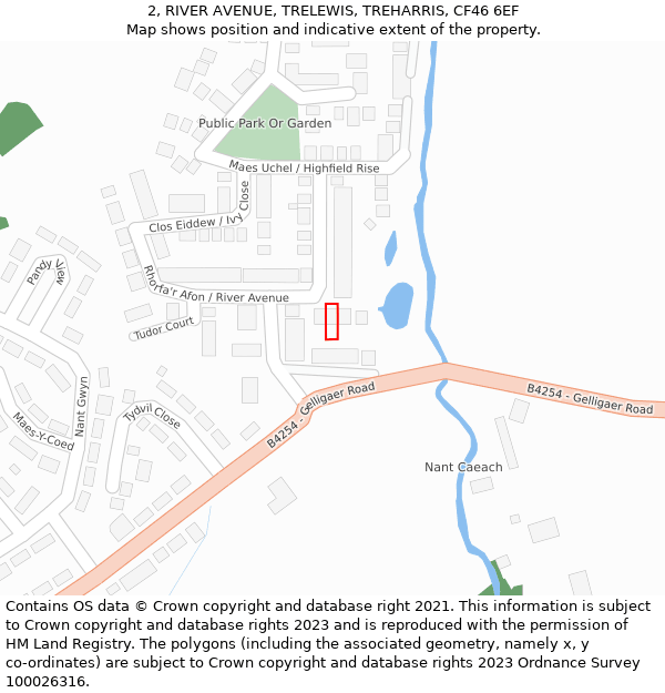 2, RIVER AVENUE, TRELEWIS, TREHARRIS, CF46 6EF: Location map and indicative extent of plot