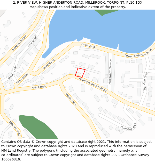 2, RIVER VIEW, HIGHER ANDERTON ROAD, MILLBROOK, TORPOINT, PL10 1DX: Location map and indicative extent of plot