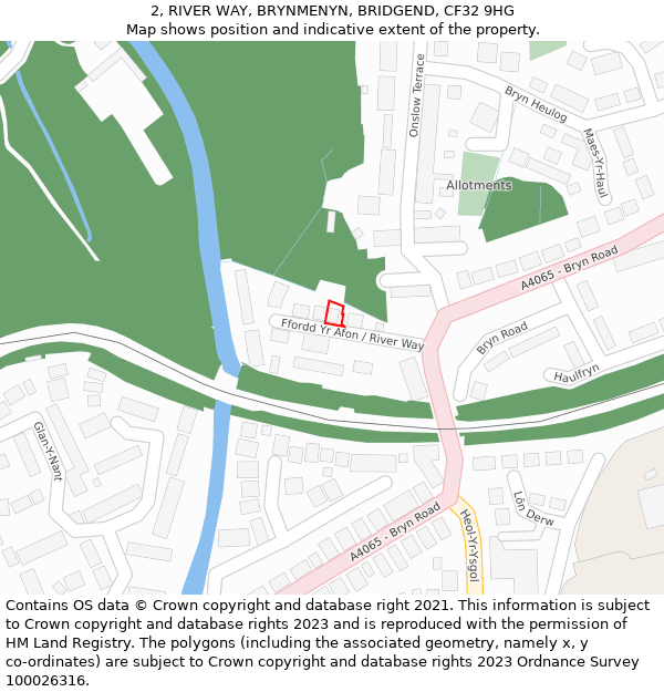 2, RIVER WAY, BRYNMENYN, BRIDGEND, CF32 9HG: Location map and indicative extent of plot