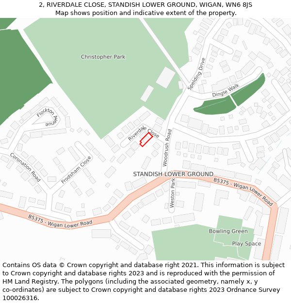 2, RIVERDALE CLOSE, STANDISH LOWER GROUND, WIGAN, WN6 8JS: Location map and indicative extent of plot