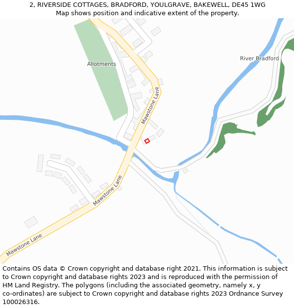 2, RIVERSIDE COTTAGES, BRADFORD, YOULGRAVE, BAKEWELL, DE45 1WG: Location map and indicative extent of plot