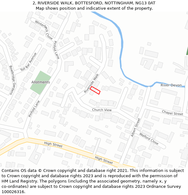 2, RIVERSIDE WALK, BOTTESFORD, NOTTINGHAM, NG13 0AT: Location map and indicative extent of plot