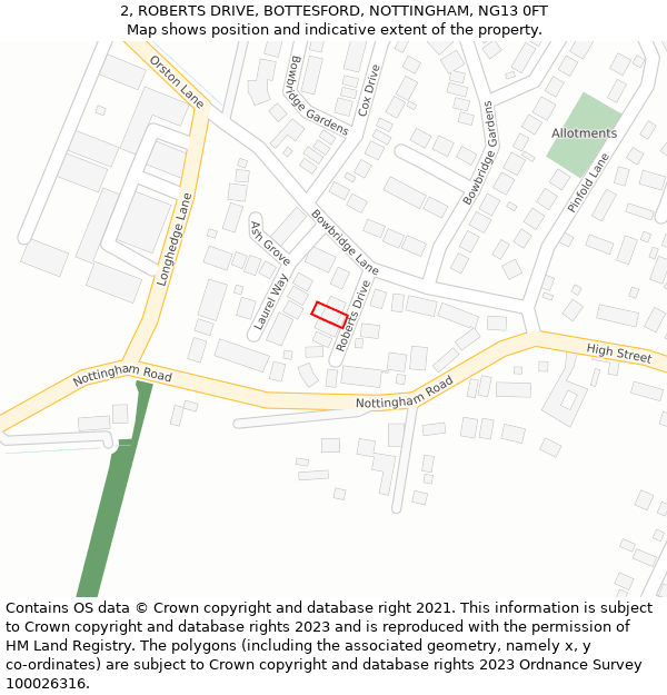 2, ROBERTS DRIVE, BOTTESFORD, NOTTINGHAM, NG13 0FT: Location map and indicative extent of plot