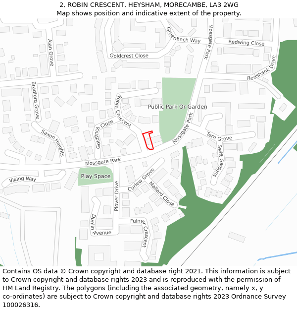 2, ROBIN CRESCENT, HEYSHAM, MORECAMBE, LA3 2WG: Location map and indicative extent of plot
