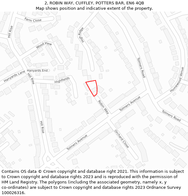 2, ROBIN WAY, CUFFLEY, POTTERS BAR, EN6 4QB: Location map and indicative extent of plot