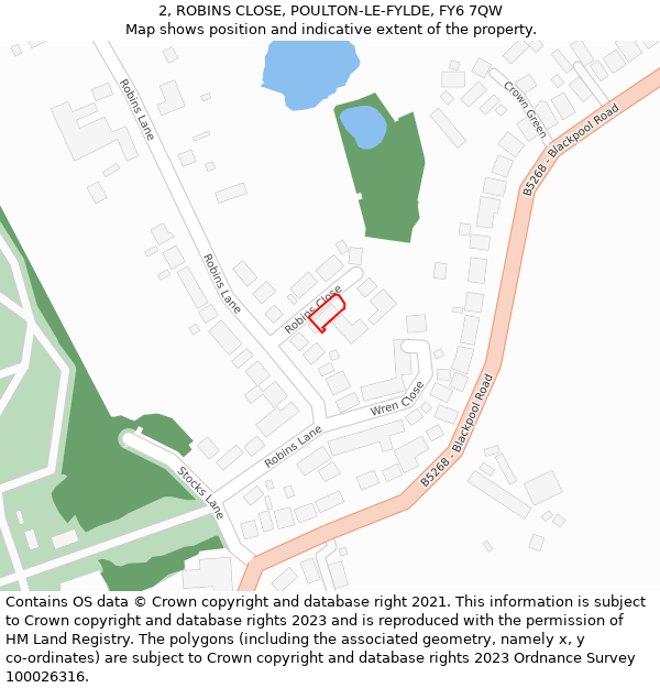 2, ROBINS CLOSE, POULTON-LE-FYLDE, FY6 7QW: Location map and indicative extent of plot