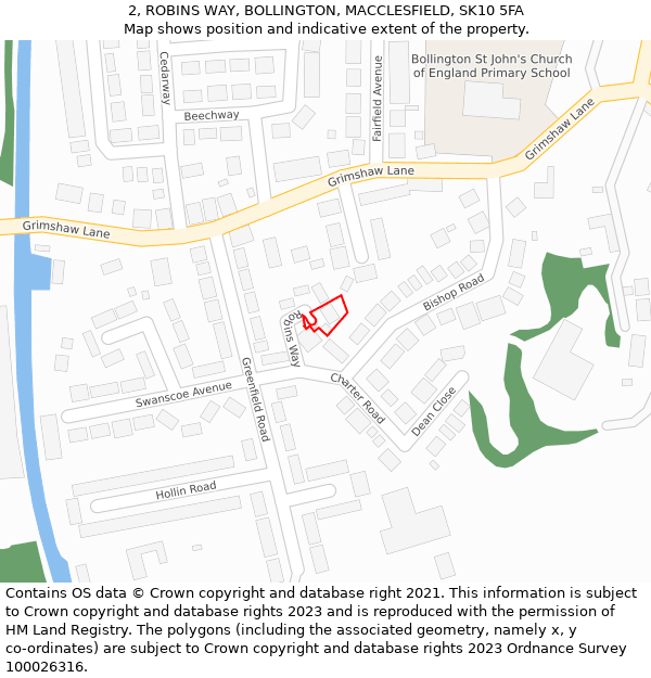 2, ROBINS WAY, BOLLINGTON, MACCLESFIELD, SK10 5FA: Location map and indicative extent of plot