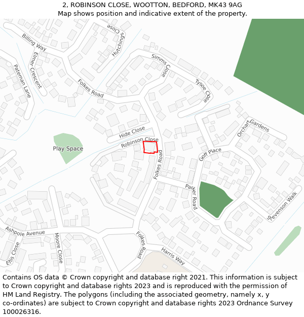 2, ROBINSON CLOSE, WOOTTON, BEDFORD, MK43 9AG: Location map and indicative extent of plot