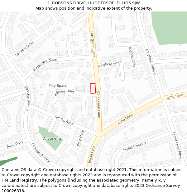 2, ROBSONS DRIVE, HUDDERSFIELD, HD5 9JW: Location map and indicative extent of plot