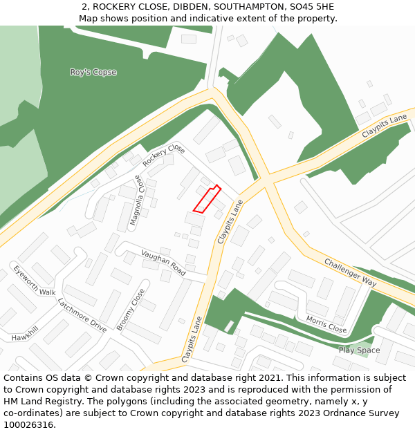 2, ROCKERY CLOSE, DIBDEN, SOUTHAMPTON, SO45 5HE: Location map and indicative extent of plot