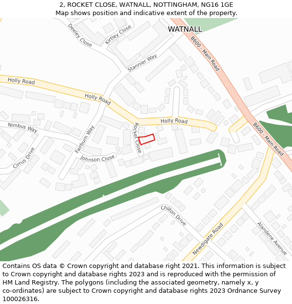 2, ROCKET CLOSE, WATNALL, NOTTINGHAM, NG16 1GE: Location map and indicative extent of plot