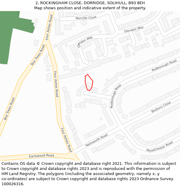 2, ROCKINGHAM CLOSE, DORRIDGE, SOLIHULL, B93 8EH: Location map and indicative extent of plot