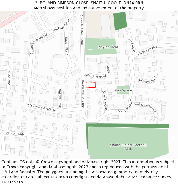 2, ROLAND SIMPSON CLOSE, SNAITH, GOOLE, DN14 9RN: Location map and indicative extent of plot