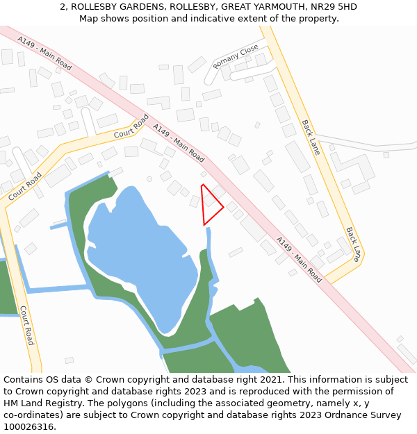 2, ROLLESBY GARDENS, ROLLESBY, GREAT YARMOUTH, NR29 5HD: Location map and indicative extent of plot