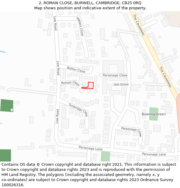 2, ROMAN CLOSE, BURWELL, CAMBRIDGE, CB25 0RQ: Location map and indicative extent of plot