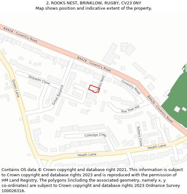 2, ROOKS NEST, BRINKLOW, RUGBY, CV23 0NY: Location map and indicative extent of plot