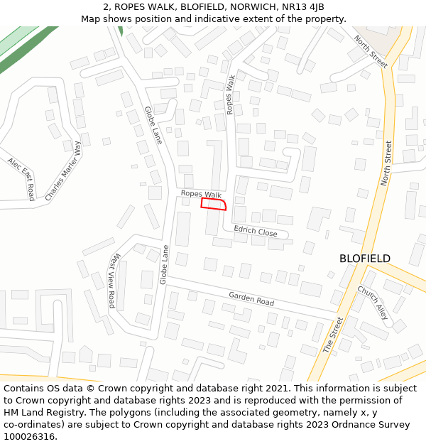 2, ROPES WALK, BLOFIELD, NORWICH, NR13 4JB: Location map and indicative extent of plot