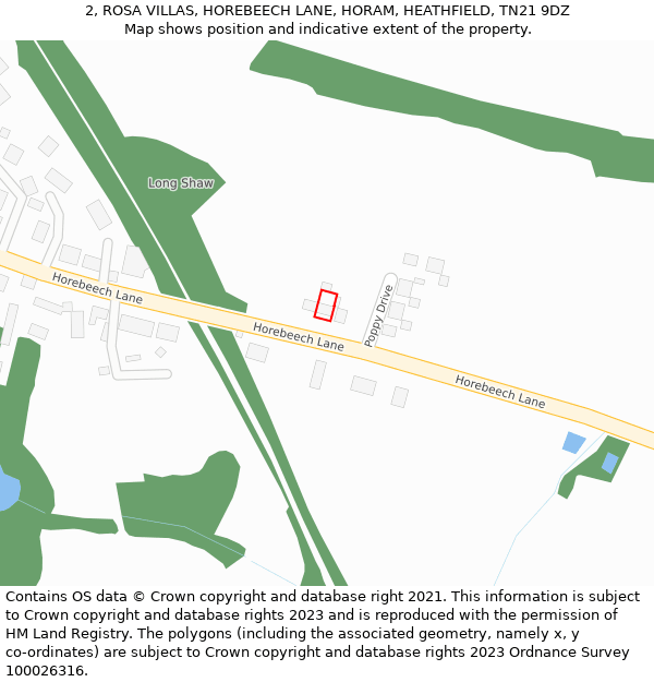 2, ROSA VILLAS, HOREBEECH LANE, HORAM, HEATHFIELD, TN21 9DZ: Location map and indicative extent of plot