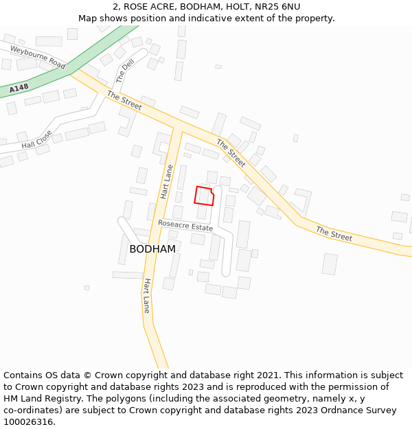 2, ROSE ACRE, BODHAM, HOLT, NR25 6NU: Location map and indicative extent of plot