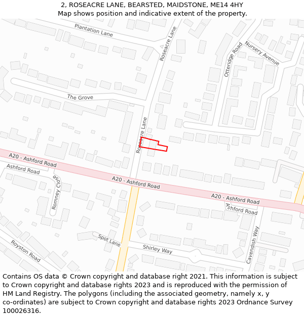 2, ROSEACRE LANE, BEARSTED, MAIDSTONE, ME14 4HY: Location map and indicative extent of plot