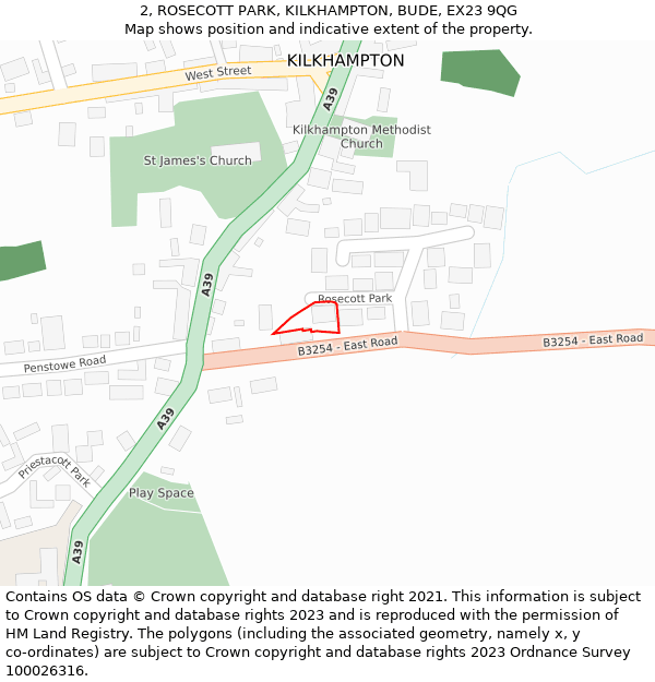 2, ROSECOTT PARK, KILKHAMPTON, BUDE, EX23 9QG: Location map and indicative extent of plot