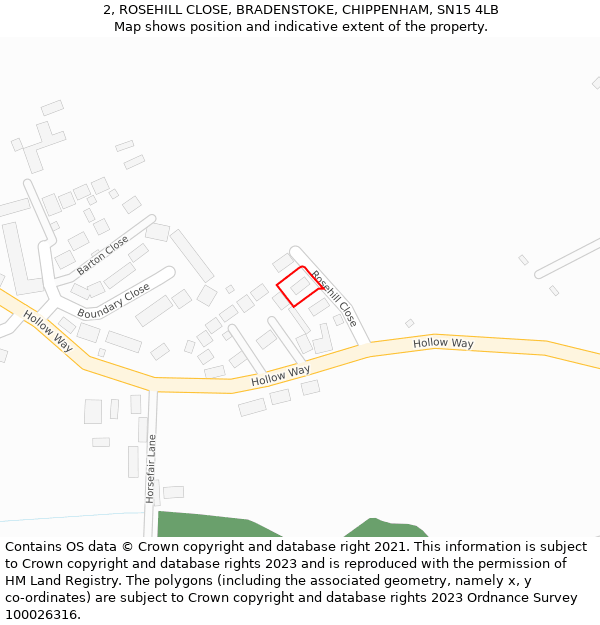 2, ROSEHILL CLOSE, BRADENSTOKE, CHIPPENHAM, SN15 4LB: Location map and indicative extent of plot