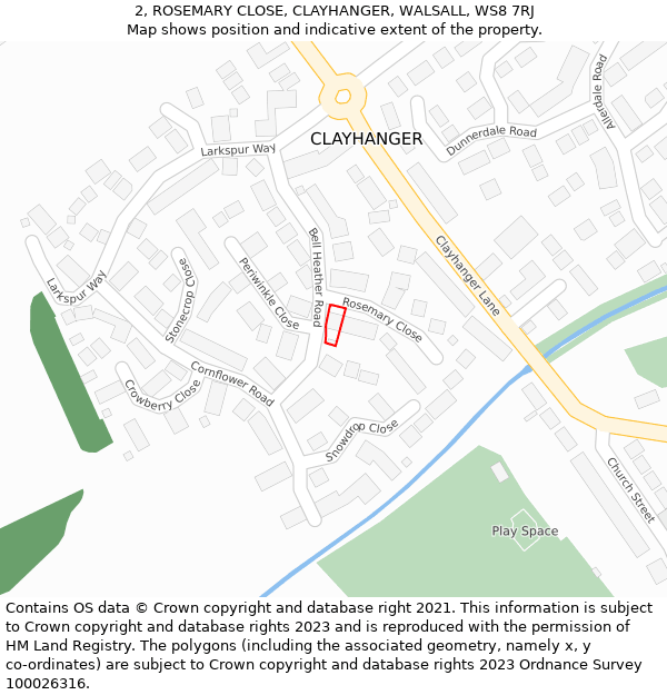 2, ROSEMARY CLOSE, CLAYHANGER, WALSALL, WS8 7RJ: Location map and indicative extent of plot