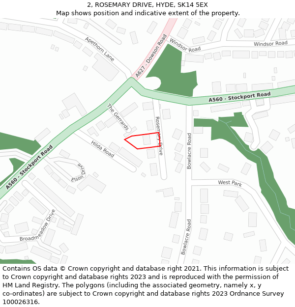 2, ROSEMARY DRIVE, HYDE, SK14 5EX: Location map and indicative extent of plot