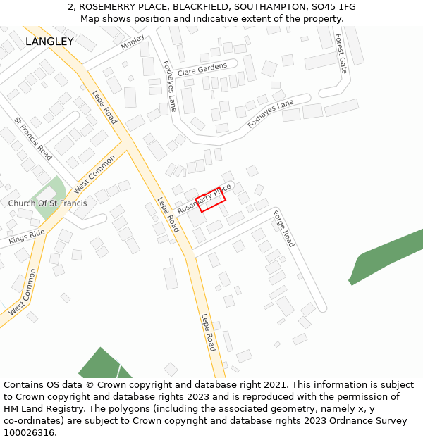 2, ROSEMERRY PLACE, BLACKFIELD, SOUTHAMPTON, SO45 1FG: Location map and indicative extent of plot