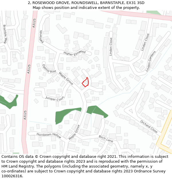 2, ROSEWOOD GROVE, ROUNDSWELL, BARNSTAPLE, EX31 3SD: Location map and indicative extent of plot