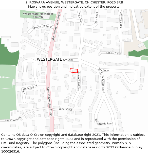 2, ROSVARA AVENUE, WESTERGATE, CHICHESTER, PO20 3RB: Location map and indicative extent of plot