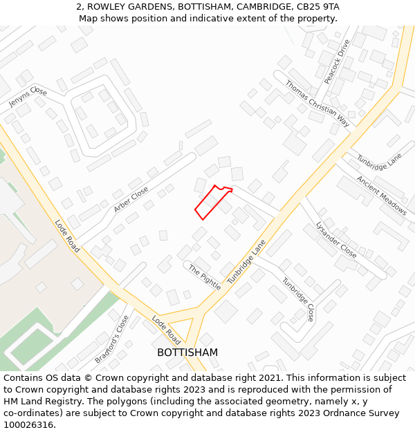 2, ROWLEY GARDENS, BOTTISHAM, CAMBRIDGE, CB25 9TA: Location map and indicative extent of plot