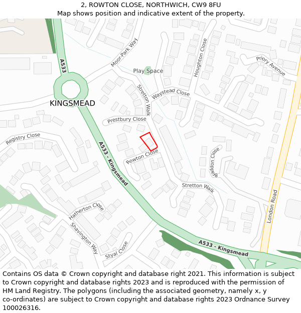 2, ROWTON CLOSE, NORTHWICH, CW9 8FU: Location map and indicative extent of plot