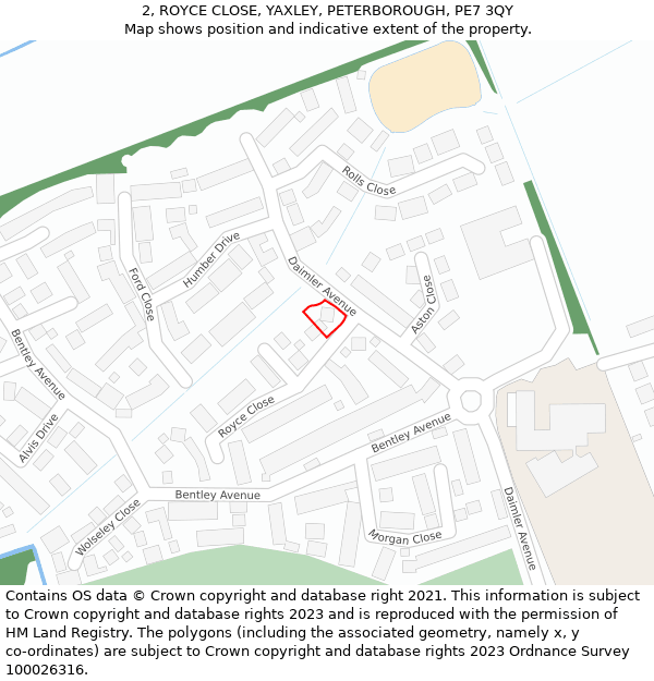 2, ROYCE CLOSE, YAXLEY, PETERBOROUGH, PE7 3QY: Location map and indicative extent of plot