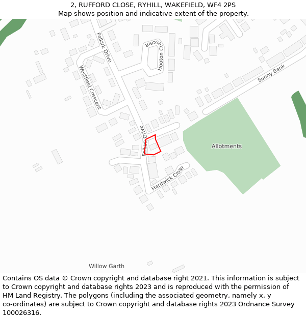 2, RUFFORD CLOSE, RYHILL, WAKEFIELD, WF4 2PS: Location map and indicative extent of plot