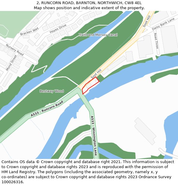 2, RUNCORN ROAD, BARNTON, NORTHWICH, CW8 4EL: Location map and indicative extent of plot