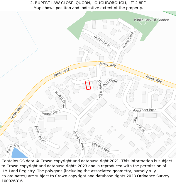 2, RUPERT LAW CLOSE, QUORN, LOUGHBOROUGH, LE12 8PE: Location map and indicative extent of plot