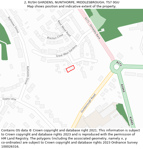 2, RUSH GARDENS, NUNTHORPE, MIDDLESBROUGH, TS7 0GU: Location map and indicative extent of plot