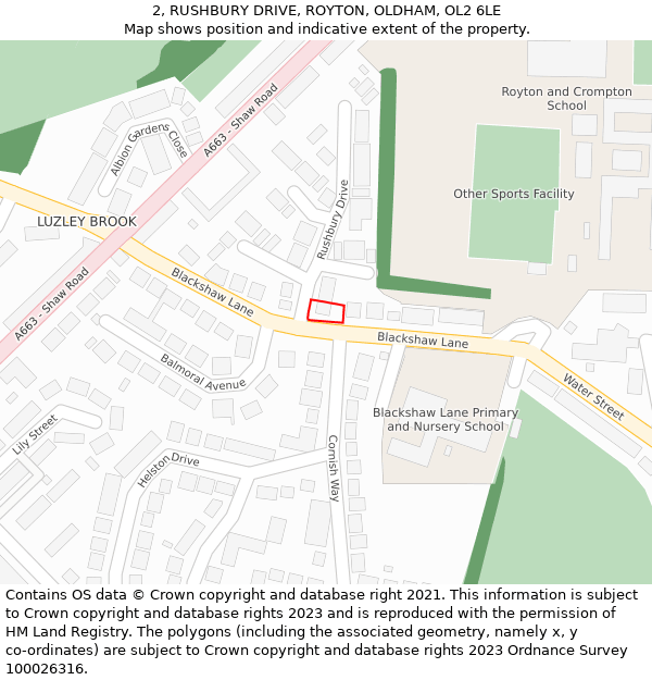 2, RUSHBURY DRIVE, ROYTON, OLDHAM, OL2 6LE: Location map and indicative extent of plot