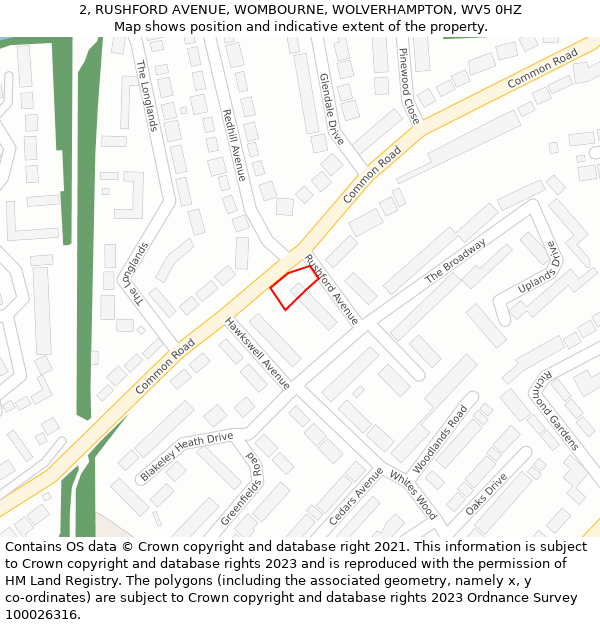 2, RUSHFORD AVENUE, WOMBOURNE, WOLVERHAMPTON, WV5 0HZ: Location map and indicative extent of plot