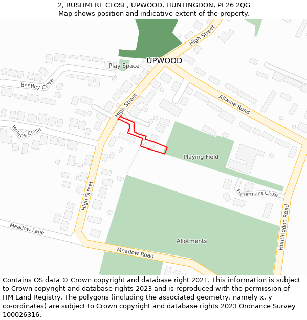 2, RUSHMERE CLOSE, UPWOOD, HUNTINGDON, PE26 2QG: Location map and indicative extent of plot