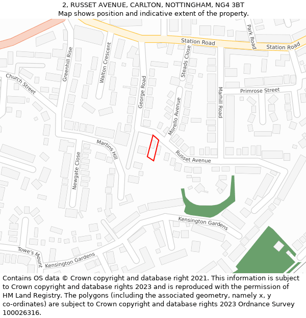 2, RUSSET AVENUE, CARLTON, NOTTINGHAM, NG4 3BT: Location map and indicative extent of plot